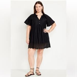 Old Navy NWT Split Neck Black Eyelet Border Embroidered Swing Summer Dress XXL